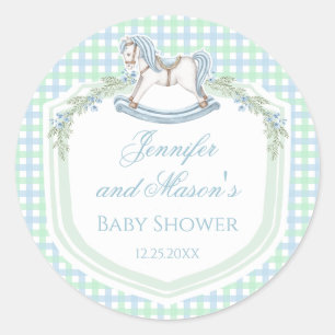 Blaue Rockpferde Gingham Babydusche Runder Aufkleber