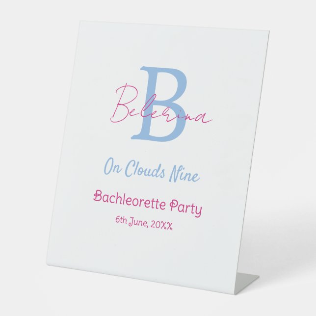 blaue rosa auf Wolken neun Monogramm Junggesellinn Sockelschild (Vorderseite)