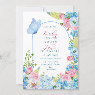 Blaue Rosa Blume Blüte Schmetterling Babydusche Einladung