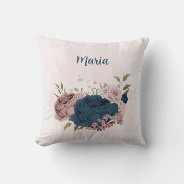 Blaue rosa Blume Kissen (Vorderseite)