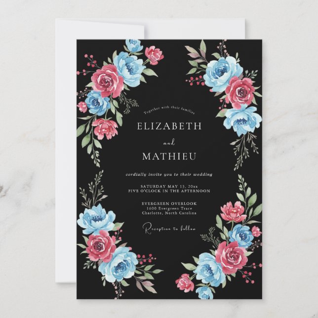 Blaue rosa Blumen Hochzeit Romantisch Einladung (Vorderseite)