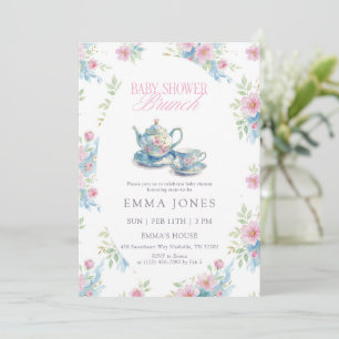 Blaue rosa Blumen-Teeparty-Baby-Shower Einladung