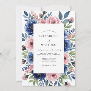 Blaue Rosa Botanische Romantische Hochzeit Einladung