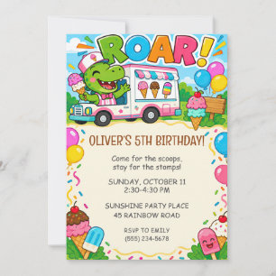 Blaue rosa Dinosaurier-Eiscreme-Wagen-Geburtstag Einladung