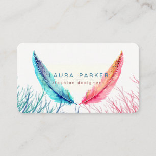 Blaue Rosa Federn Wasserfarbe Boho Türkis Visitenkarte