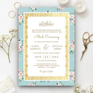 Blaue Rosa Florale Goldene Rahmung Muslimische Hoc Einladung