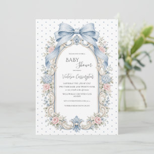 Blaue rosa florale Vintage-Baby-Party Einladung