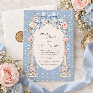Blaue rosa florale Vintage-Gartenlaube-Baby-Party Einladung