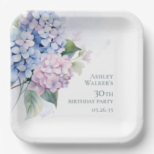 Blaue rosa Hortensien 30. Geburtstag Pappteller
