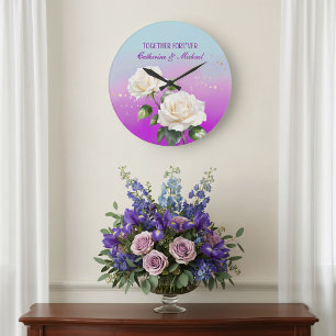 Blaue Rosa Lila Aquarell Ombre Rosen Hochzeit Große Wanduhr