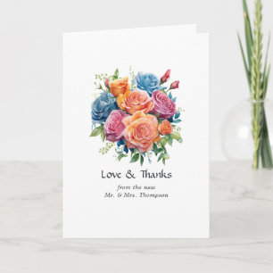 Blaue, rosa, orange und grüne Blumenhochzeit Dankeskarte