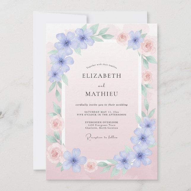 Blaue Rosa Ranunculus Eukalyptus Hochzeit Einladung (Vorderseite)