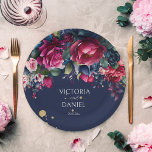 Blaue, rosa Rose personalisiert Pappteller<br><div class="desc">Navy blauburgundy Blume Vintage Rose Hochzeit personalisierten Papier Teller.</div>