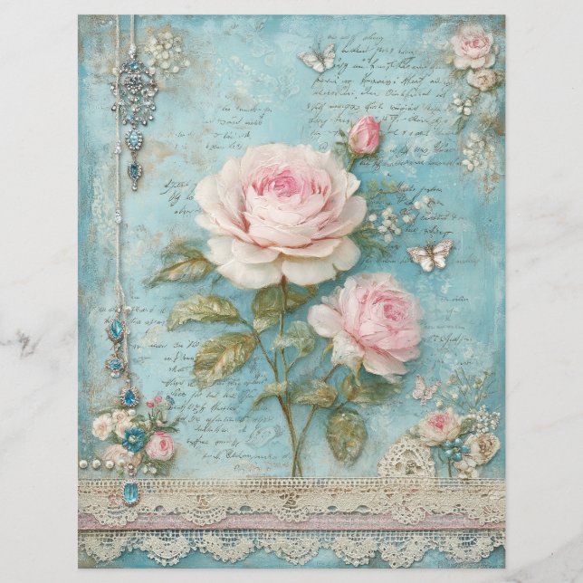 Blaue rosa Rosen Junk Journal Scrapbook Papier (Vorderseite)