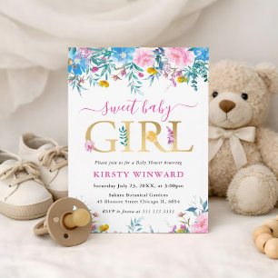 Blaue, rosa und gelbe Sommerblumen-Baby-Party Einladung