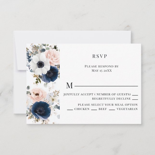 Blaue, rosa und weiße Anemonenkrieg RSVP Karte (Vorderseite)