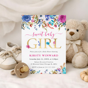 Blaue, rosa und weiße Sommerblumen-Baby-Party Einladung