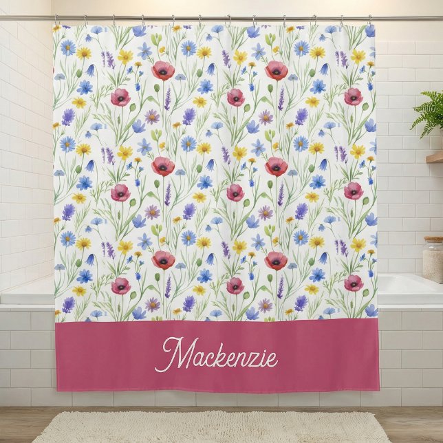 Blaue Rosa Wildblumen Botanischer Benutzername  Duschvorhang (Von Creator hochgeladen)