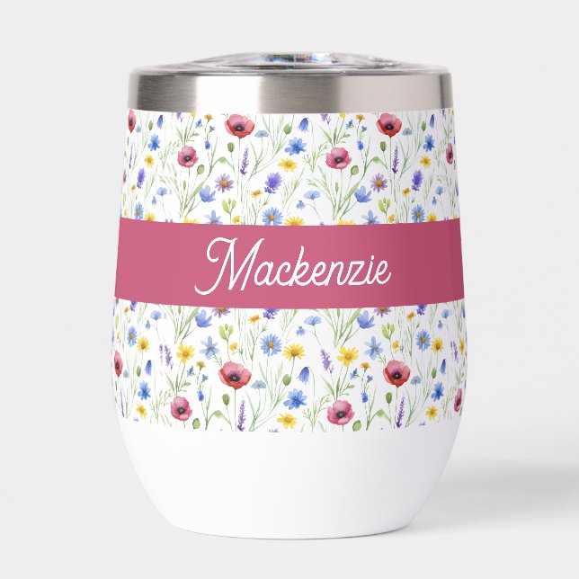 Blaue Rosa Wildblumen Wasserfarbe Monogramm Name (Vorderseite)
