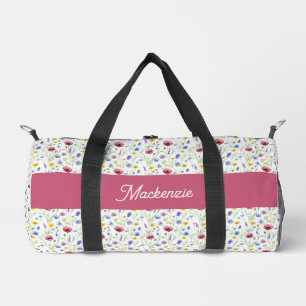 Blaue rosa Wildblumen Wasserfarbe-Monogramm-Name Duffle Bag