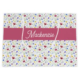 Blaue rosa Wildblumen Wasserfarbe Monogramm Name Große Geschenktüte