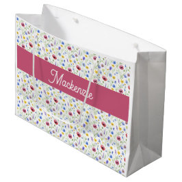 Blaue rosa Wildblumen Wasserfarbe Monogramm Name  Große Geschenktüte