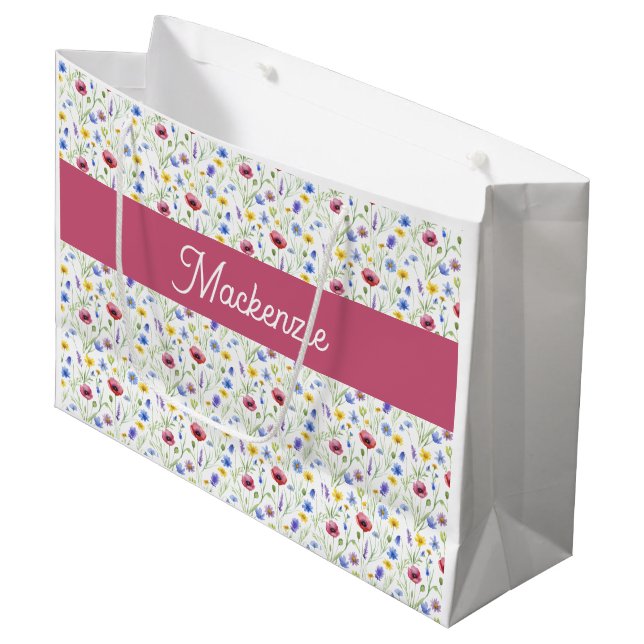 Blaue rosa Wildblumen Wasserfarbe Monogramm Name  Große Geschenktüte (Vorderseite Schrägansicht)