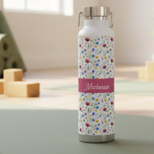 Blaue rosa Wildblumen-Wasserfarbe-Monogramm-Name Trinkflasche