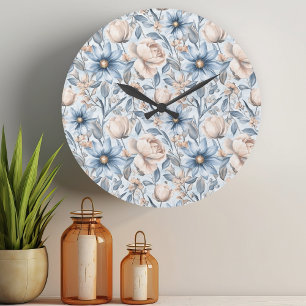 Blaue & rosafarbene botanische Aquarell-Kunst Große Wanduhr