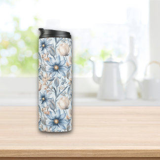 Blaue & rosafarbene botanische Aquarell-Muster Thermosbecher