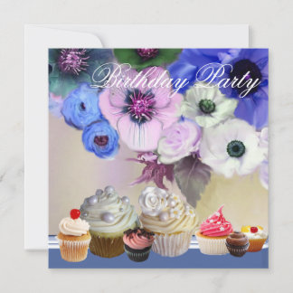 BLAUE ROSE ANEMONE BLUME UND KUPCAKEN Geburtstag Einladung
