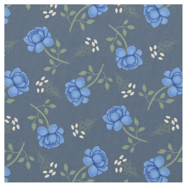 Blaue Rose auf dem Dusky Blue Calico Stoff (Nahaufnahme)