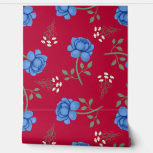 Blaue Rose auf Red Oversized Calico Tapete
