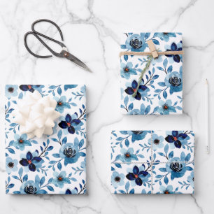 Blaue Rose Blumenmuster Aquarell-Chic Geschenkpapier Set
