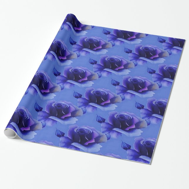 Blaue Rose Blumenmuster-Papier Geschenkpapier (Ungerollt)
