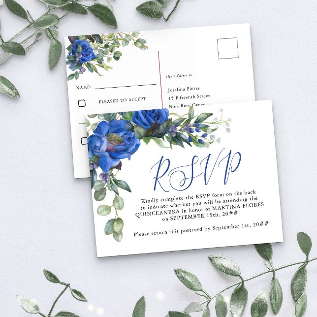 Blaue Rose Elegante Quinceanera Voradressierte UAW Postkarte (Elegant RSVP Postcard from my Rose and Eucalyptus Quinceanera collection)