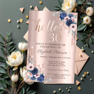 Blaue Rose, Glitzer Tropfen Rose Gold 30. Geburtst Einladung