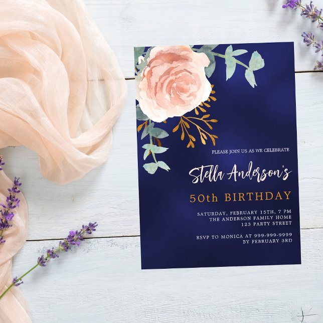 Blaue Rose Gold Blumengrün Geburtstag Einladung (Von Creator hochgeladen)