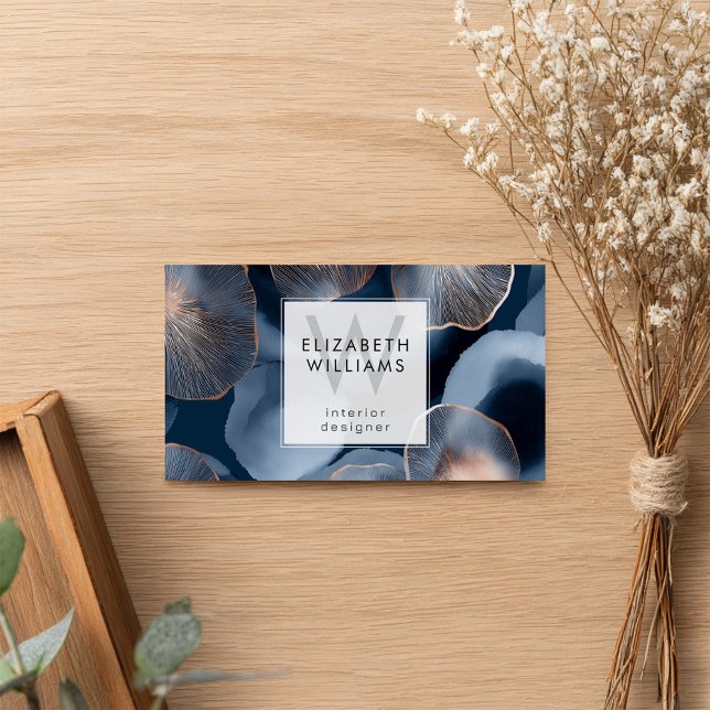 Blaue Rose Gold Monogramm moderne Visitenkarte (Von Creator hochgeladen)