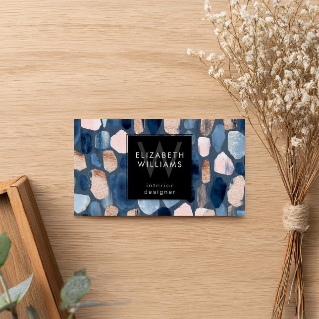 Blaue Rose Gold Monogramm Moderne Visitenkarte (Von Creator hochgeladen)
