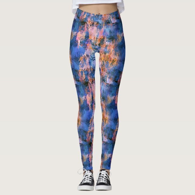 Blaue Rose Gold Orange Wasserfarbe Leggings (Vorderseite)