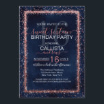 Blaue Rose Gold Sprinkled Confetti Sweet 16 Einladung<br><div class="desc">Die elegante, glamouröse und moderne 16 . Geburtstag Geburtstagsfeier lädt zum zeitgenössischen und stilvollen Event ein. Es verfügt über ein Imitat bedruckt rosa Rosgold funkelnd Glitzer bestreut Konfetti Rand auf einem künstlerischen marineblauen blaue Aquarell Hintergrund. Auf der Rückseite wird der gleiche Glitzer angezeigt, aber über die ganze Seite mit dem...</div>