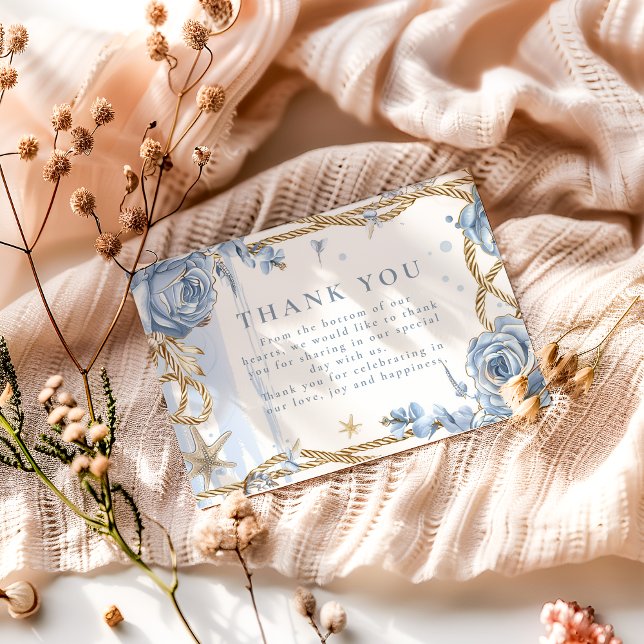 Blaue Rose Küstenhochzeit mit Seil Dankeskarte (Von Creator hochgeladen)