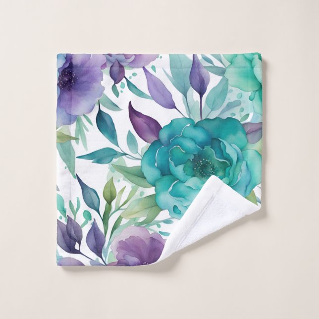 Blaue Rose Lila Aquarellblüten Badhandtuch Set (Waschlappen)