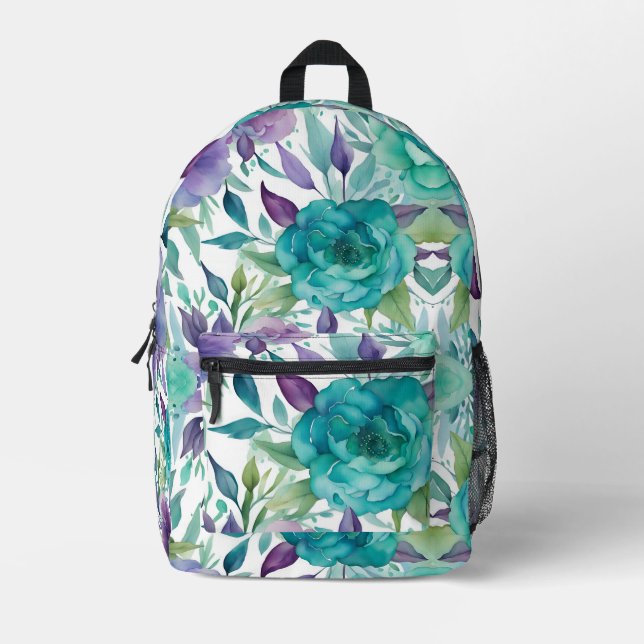 Blaue Rose Lila Aquarellblüten Bedruckter Rucksack (Vorderseite)