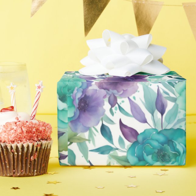 Blaue Rose Lila Aquarellblüten Geschenkpapier (Geburtstagsparty)