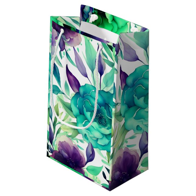 Blaue Rose Lila Aquarellblüten Kleine Geschenktüte (Rückseite Schrägansicht)