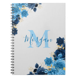 Blaue Rose mit Gold-Glitzer-Script Mit Monogramm Notizblock