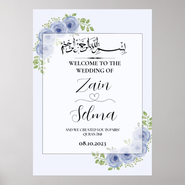 Blaue Rose muslimische Hochzeitplakette Poster (Vorne)