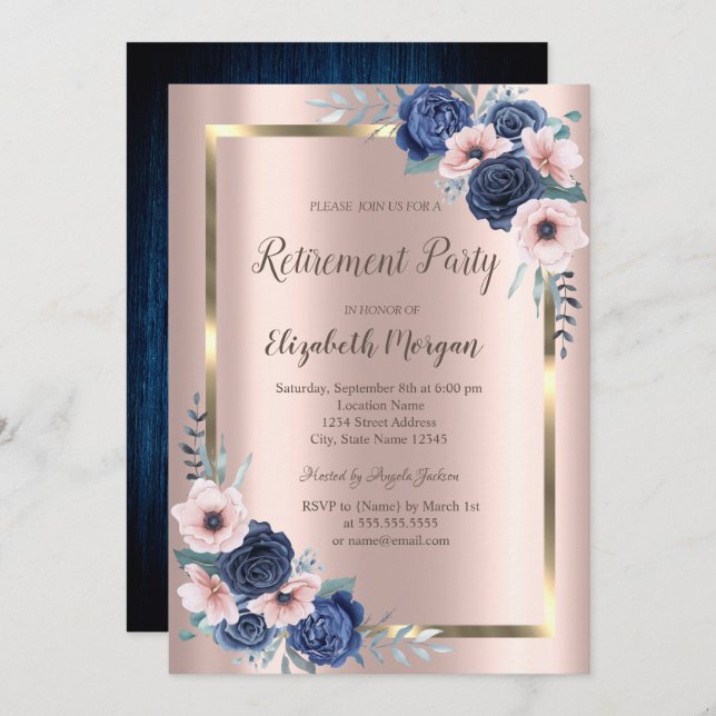 Blaue Rose, Rahmen, Rose Gold-Rente Einladung (Vorne/Hinten)